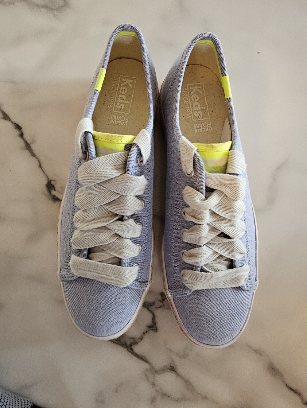 Keds Women's Light Blue Canvas Sneakers with Neon Yellow Tabs